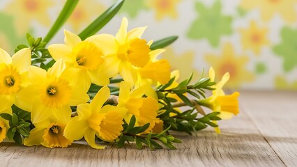 Beautiful bunch of yellow daffodils on wooden table with green leaves and blurred background