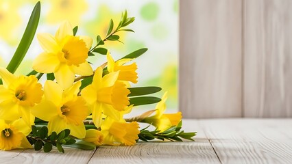 Beautiful bunch of yellow daffodils on white wooden table by window  spring flowers
