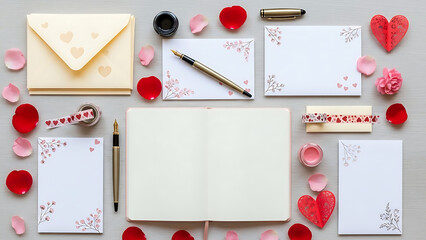 Stationery and Hearts on White Background.