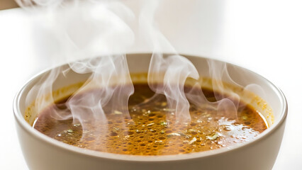 Steaming Hot Soup in White Bowl.