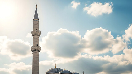 Tall Minaret Tower with Islamic Architecture.