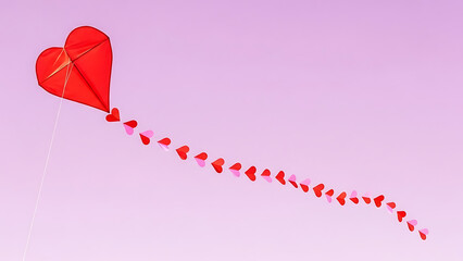 A vibrant red heart-shaped kite with a long tail of smaller hearts soaring against a soft pink sky, symbolizing love and freedom.