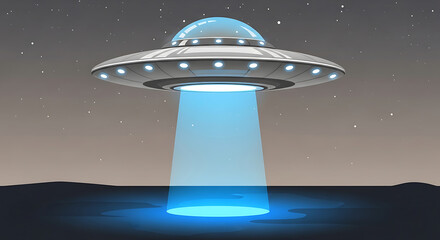 UFO Spaceship Descending with Bright Light Beam.