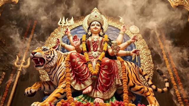 Chaitra Navratri Goddess Durga Statue Riding Tiger with Dramatic Low Angle and Sacred Smoke