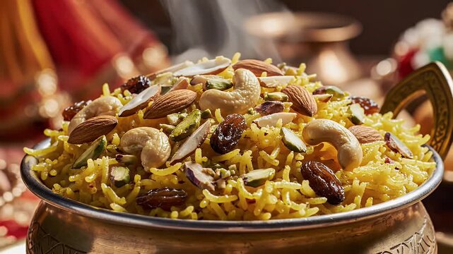 Cheti Chand Sweet Tairi Rice Bowl with Dry Fruits Garnish and Rising Steam