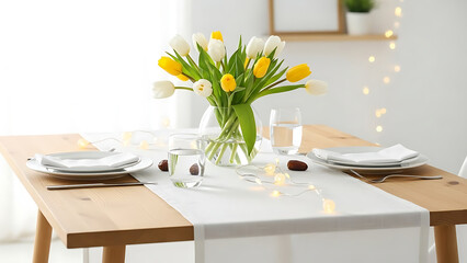 Vase with Tulips on Dining Table.