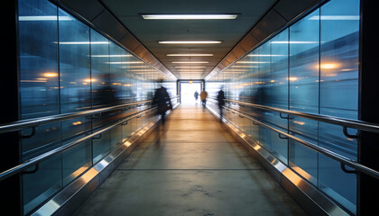 Blurred pedestrians walking through modern glass corridor underpass with blue reflections and vanishing perspective