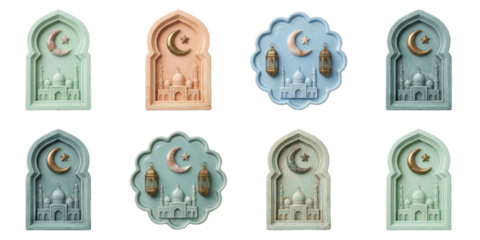 Ramadan Kareem decorative ornaments with mosque, crescent moon and lanterns