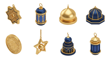 Islamic Ornaments: Golden Domes, Lanterns, Stars, and Mosque Icons