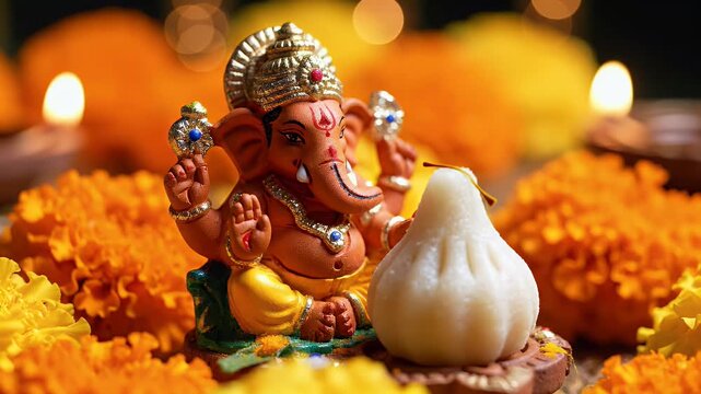Ganesh Chaturthi Macro Background with Modak Sweet Offering to Ganesha Idol and Marigold Blur
