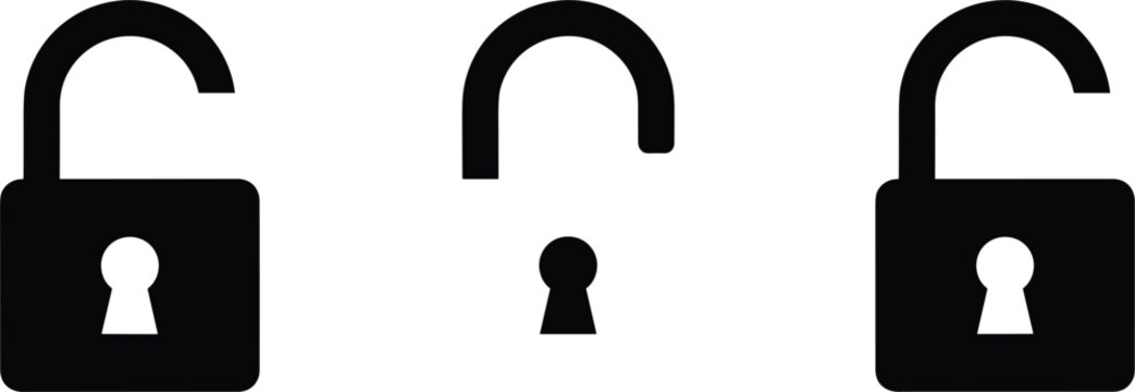 Set of black unlocked padlock icons vector illustration for security access granted privacy settings and data decryption interface.