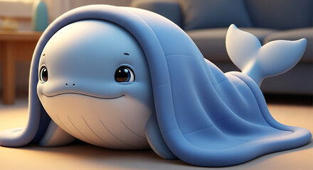 Whale Toy Wrapped in Blue Blanket.