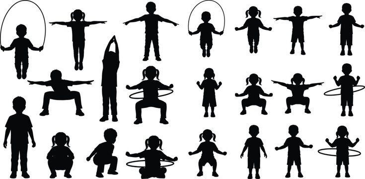 Kids silhouettes exercising jumping rope, stretching, hula hoop fitness activity poses set