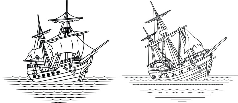 Line art illustration of two sailing ships, one stable, another sinking in water