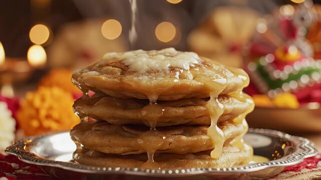 Gudi Padwa Background with Stack of Puran Poli Sweet Flatbread Topped with Melting Ghee