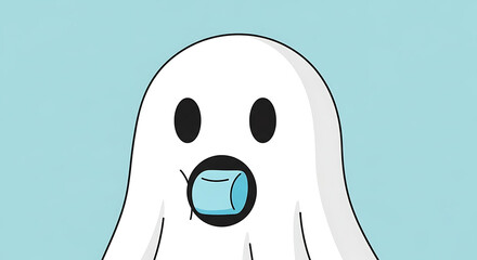 White Ghost Cartoon Character Drinking Water.