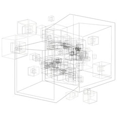 Detailed architectural illustration of complex 3d cube structure with multiple transparent layers and inner wireframe design elements on white background