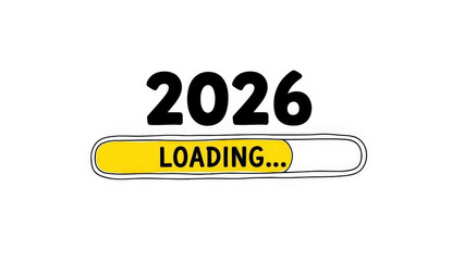 Creative 2026 loading bar concept illustration with yellow progress indicator on white background symbolizing future planning and new year anticipation