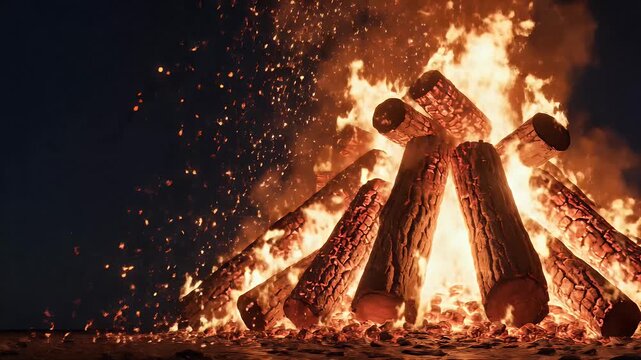 Holika Dahan Night Background with Glowing Wood Pyre, Ember-Gold Gradient, and Smoke Trails