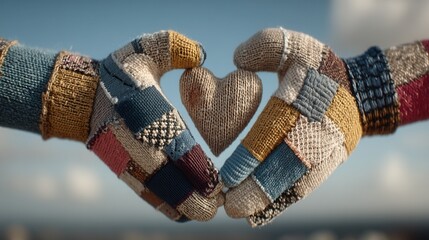 valentine day in patchwork style concept. Hands in gloves forming a heart shape with a wooden heart inside.