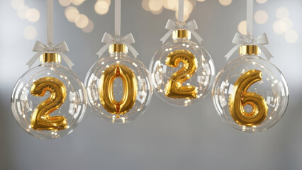 Creative glass christmas baubles hanging on ribbons containing golden number 2026 balloons with fairy lights for festive holiday season decoration