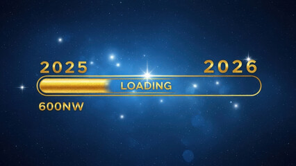 Creative loading progress bar transition from year 2025 to 2026 on cosmic blue starry background for upcoming new year celebration event banner