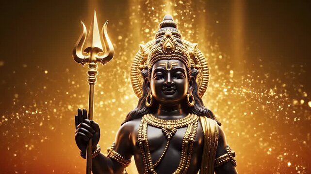 Lord Kartikeya Spiritual Background with Calm Murugan Statue and Vel Spear Sunset Gradient
