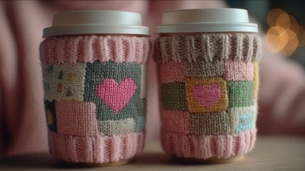 valentine day in patchwork style concept. Cozy knitted coffee cup holders in soft colors.