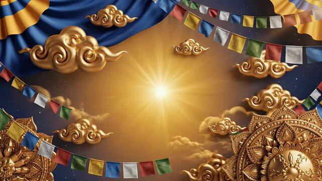 Losar Tibetan New Year Background with Tibetan Cloud Motifs, Prayer Flag Colors, and Golden Mandala