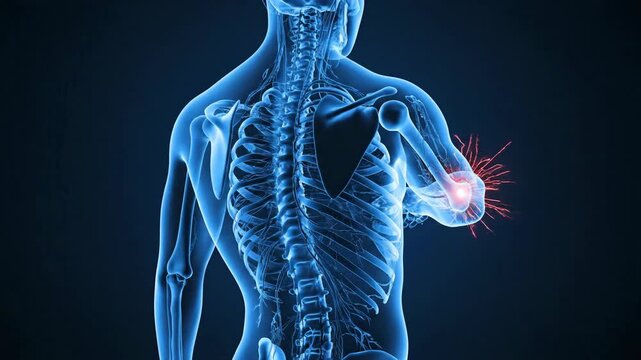 Medical illustration of human arm showing pain in elbow joint