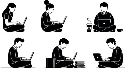 People working and studying on laptops in various seated positions vector collection black and white digital design