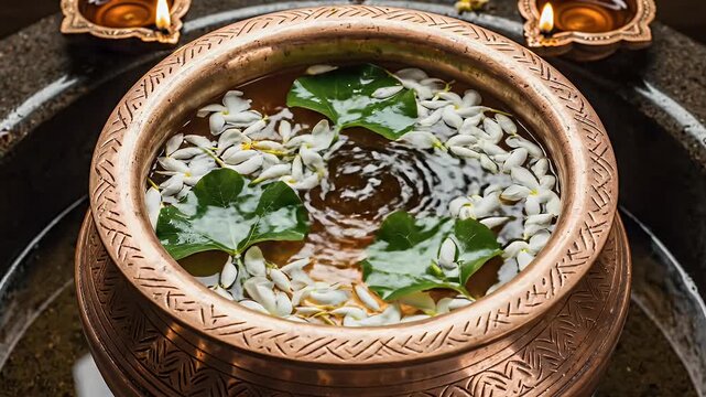 Maha Shivaratri Background with Bilva Leaves and White Flowers Floating on Water