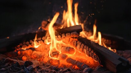 Close up of campfire with glowing flames and burning firewood creating warm outdoor camping atmosphere and cozy survival experience