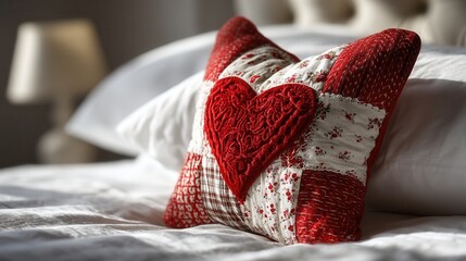 valentine day in patchwork style concept. Cozy heart pillow resting on a neatly made bed.
