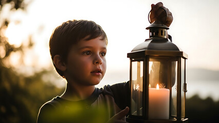 Young Boy Holding Lantern with Candle.