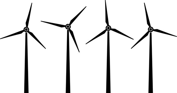 Wind Turbine Silhouette Vector Illustration Set, Renewable Energy, Clean Power Generation, Sustainable Future, Ecology, Eco-Friendly Technology, Simple Black Line Icon Graphic