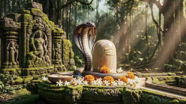 Nag Panchami Devotional Wallpaper with Serene Mood, Gentle Light Rays, and Moss Green-to-Cream Gradient