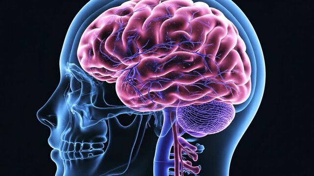 Medical illustration of human brain and skull anatomy with neural pathways