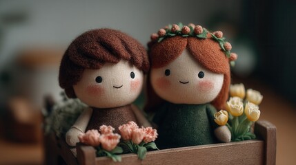 valentine day in patchwork style concept. Two handmade dolls with flowers in a cozy setting.