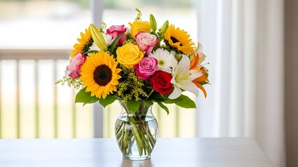 Vibrant bouquet of sunflowers and lilies in a glass vase on a windowsill