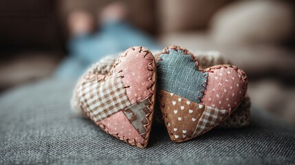 valentine day in patchwork style concept. Two textured fabric hearts resting on a soft surface.