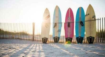 Five colorful surfboards leaning against a fence on a sandy beach at sunset.