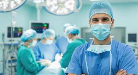 A male surgeon in a blue uniform stands in front of a surgical team in an operating room.