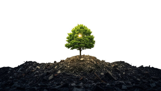 Green Tree Growing On Ewaste Pile Against Black Background