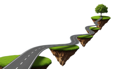 Road To Success Winding Path On Floating Islands To A Tree