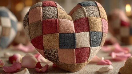 valentine day in patchwork style concept. Textured heart shape on a romantic background with rose petals.