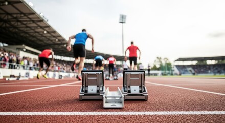 Two men running on a track with a stadium in the background.