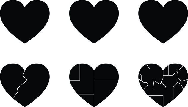 Set of black heart icons including broken and shattered heart silhouettes vector illustration for love heartbreak and emotion.