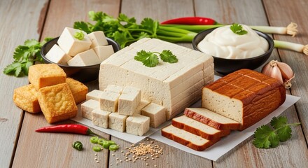 A variety of tofu products on a wooden table with fresh herbs and vegetables.