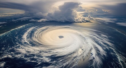 A hurricane swirling over the ocean with a dramatic sky.
